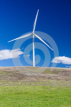 Wind turbine with 3 blades in a field of grass