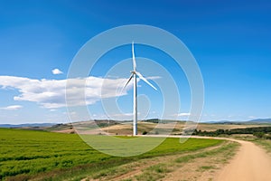 Wind turbine against a background of wide fields and clear blue sky, representing renewable energy