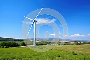 Wind turbine against a background of wide fields and clear blue sky, representing renewable energy