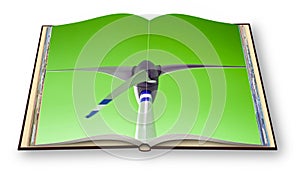 Wind turbine against a green sky - Green energy concept image - 3D render of an opened photo book - I`m the copyright owner of th