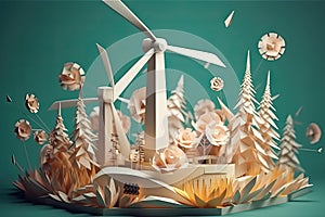 Wind turbine and alternative renewable energy. Paper art of ecology and environment concept. Eco friendly nature