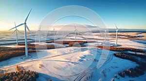 A wind turbine array. The concept of renewable resource utilization. Generative AI