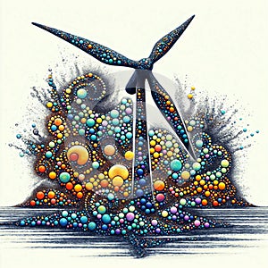 Wind turbine on a background of colorful bubbles. 3D illustration., generative ai