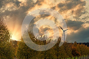 Wind turbine behind the beautiful trees with the breathtaking sunset in the sky in the background