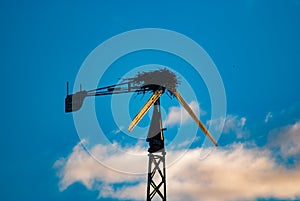 A wind turbine with a birds nest