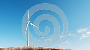 Wind turbine on blue background, sustainable clean energy concept