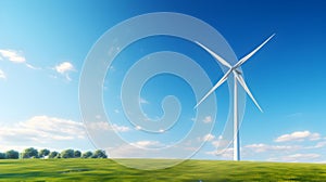 Wind turbine on blue background, sustainable clean energy concept