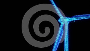 Wind turbine in blue HUD wireframe on isolated black background. Power savings technology and ecology concept