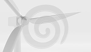 Wind turbine closeup angle view 3d render. Realistic illustration mockup of windmill with long vanes isolated on white