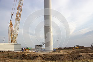 Wind turbine construction site, installation of a windmill crane