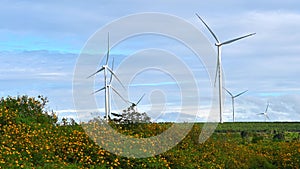 Wind turbine eco farm on beautiful golden hour evening mountain landscape.