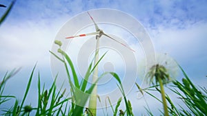 Wind turbine electricity generator on sky background. Dandelion clock. Static