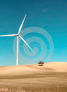Wind turbine on empty arid landscape in andalusia