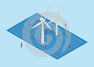 Wind turbine energy technology concept blueprint or blue print development with people analysis