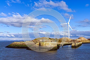 A wind turbine at the entrance to Heysham harbour.