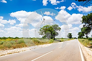 Wind turbine farm across a road on the Bulgaria