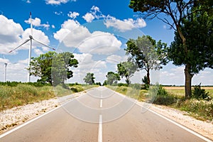 Wind turbine farm across a road on the Bulgaria