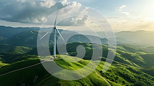 a wind turbine farm atop rolling hills generating electricity Global Warming solution