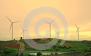 Wind turbine farm during beautiful sunset, Alternative energy