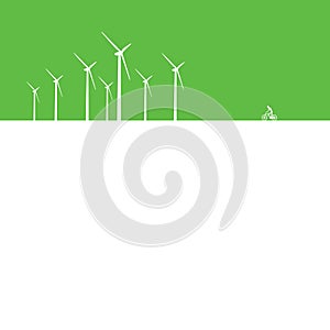 Wind turbine farm and cyclist vector illustration as a symbol of ecology, nature and environment protection.