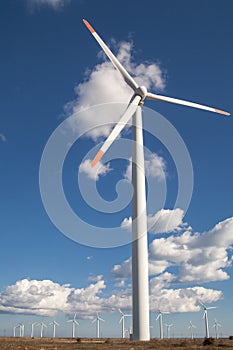 Wind turbine farm over the blue clouded sky