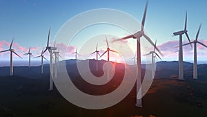 Wind turbine farm over green meadow, rays of light against sunrise, tilt