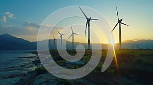 Wind turbine farm with rays of light at sunset