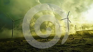 Wind turbine farm with rays of light at sunset