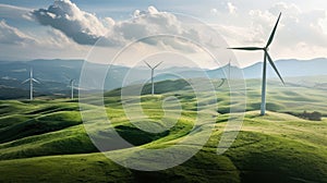 Wind turbine farm for renewable electricity production on top of hill aerial view on a sunny day