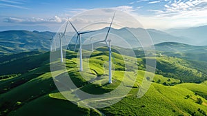 Wind turbine farm for renewable electricity production on top of hill aerial view on a sunny day