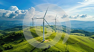 Wind turbine farm for renewable electricity production on top of hill aerial view on a sunny day