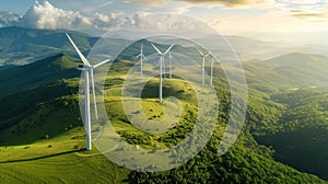 Wind turbine farm for renewable electricity production on top of hill aerial view on a sunny day