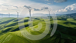 Wind turbine farm for renewable electricity production on top of hill aerial view on a sunny day