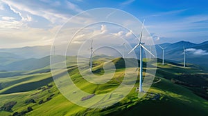 Wind turbine farm for renewable electricity production on top of hill aerial view on a sunny day