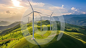 Wind turbine farm for renewable electricity production on top of hill aerial view on a sunny day