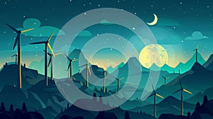 The wind turbine farm shows alternative energy generation at night. An illustration of a cartoon landscape with