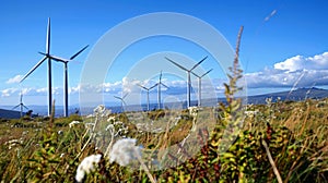 A wind turbine farm standing tall in the distance harnessing the power of renewable energy to supply electricity to