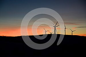 Wind turbine farm at sunset