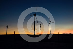 Wind turbine farm at sunset