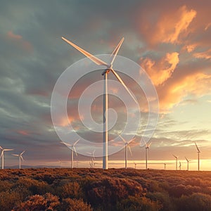 Wind turbine farm at sunset renewable energy in golden hour