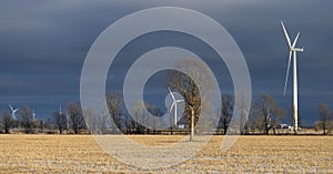 Wind turbine farm in winter on Wolfe Island, Ontario, Canada