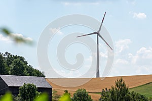 Wind turbine in farmland supplying green energy