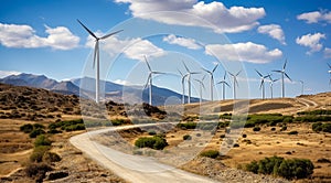 wind turbine in the field, close-up of wind generator, wind turbine against blue sky