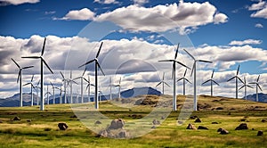 wind turbine in the field, close-up of wind generator, wind turbine against blue sky