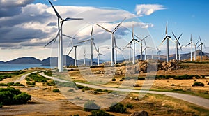 wind turbine in the field, close-up of wind generator, wind turbine against blue sky