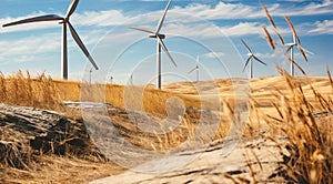 wind turbine in the field, close-up of wind generator, wind turbine against blue sky