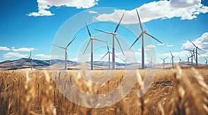 wind turbine in the field, close-up of wind generator, wind turbine against blue sky