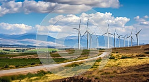 wind turbine in the field, close-up of wind generator, wind turbine against blue sky