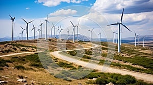 wind turbine in the field, close-up of wind generator, wind turbine against blue sky