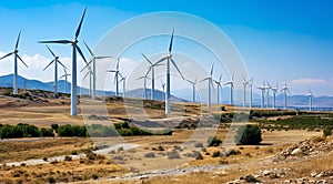 wind turbine in the field, close-up of wind generator, wind turbine against blue sky